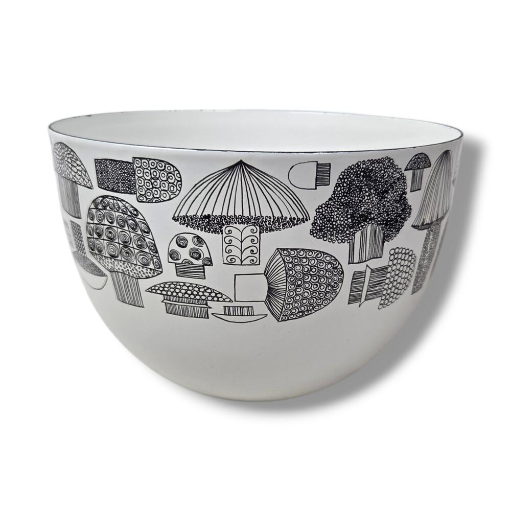 Vintage MCM Kaj Franck Finland Arabia Mushrooms Enamel Mixing Bowl White Black